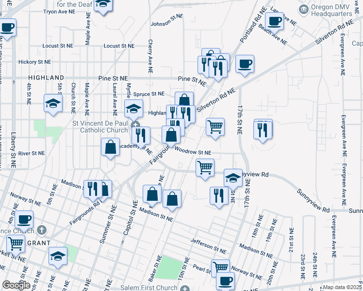 map of restaurants, bars, coffee shops, grocery stores, and more near 1235 Woodrow Street Northeast in Salem
