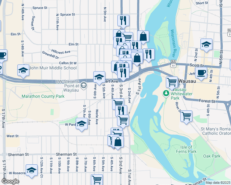 map of restaurants, bars, coffee shops, grocery stores, and more near 527 South 4th Avenue in Wausau