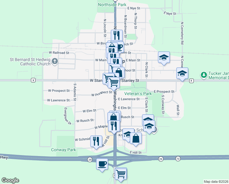 map of restaurants, bars, coffee shops, grocery stores, and more near 103 West Prospect Street in Thorp