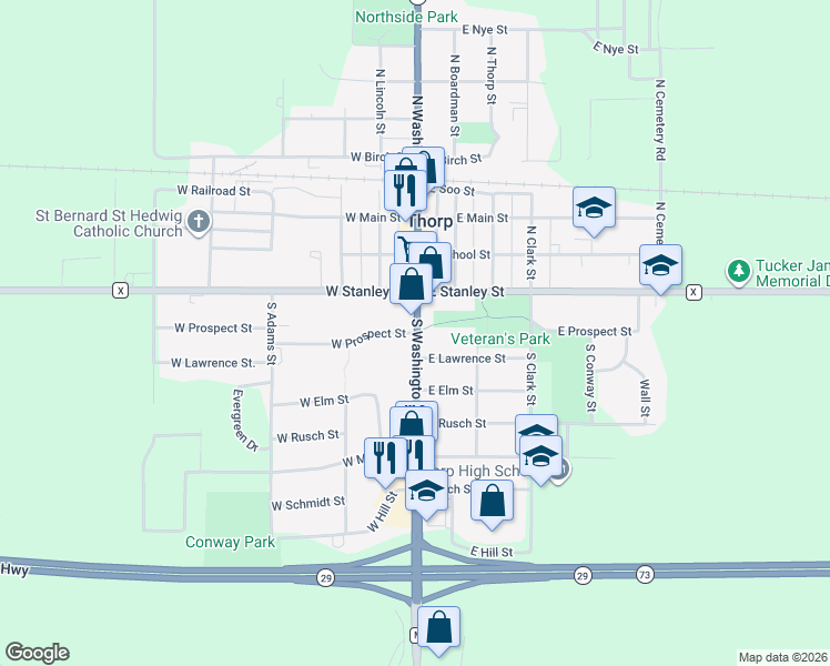 map of restaurants, bars, coffee shops, grocery stores, and more near 103 West Prospect Street in Thorp
