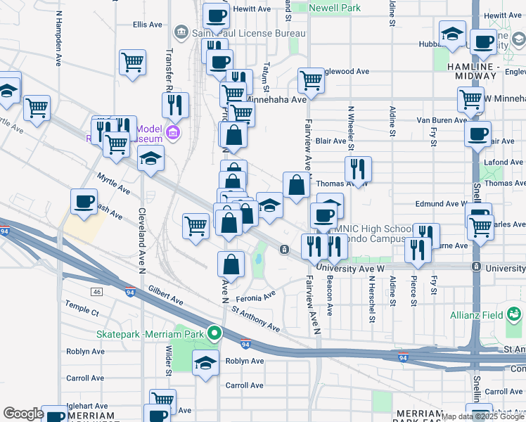 map of restaurants, bars, coffee shops, grocery stores, and more near 1919 University Avenue West in Saint Paul