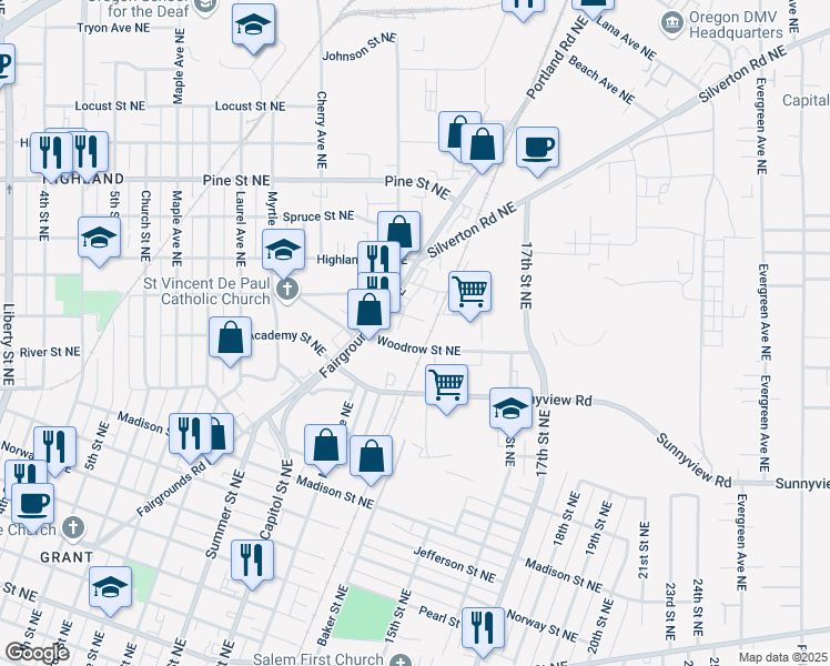 map of restaurants, bars, coffee shops, grocery stores, and more near 1235 Woodrow Street Northeast in Salem