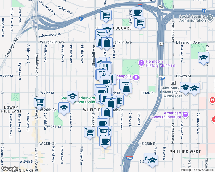 map of restaurants, bars, coffee shops, grocery stores, and more near in Minneapolis