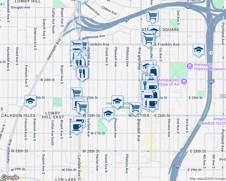 map of restaurants, bars, coffee shops, grocery stores, and more near 2432 Pleasant Avenue in Minneapolis