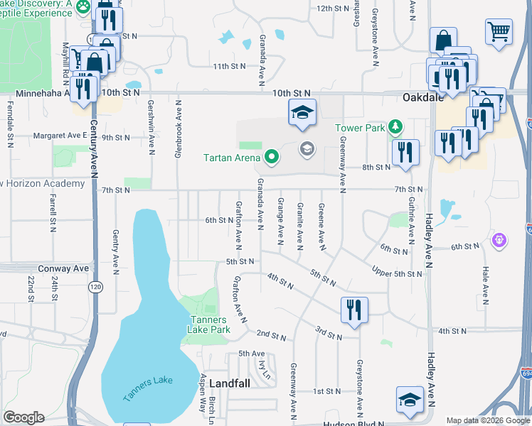 map of restaurants, bars, coffee shops, grocery stores, and more near 657 Granada Avenue North in Oakdale