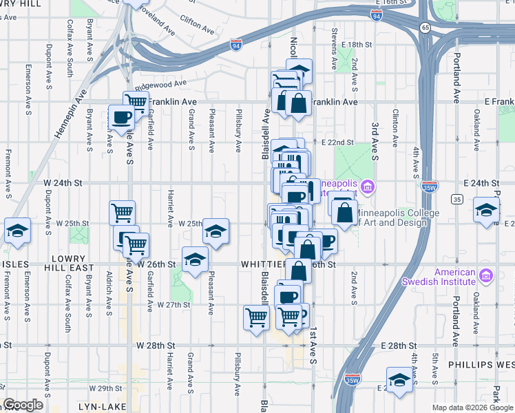map of restaurants, bars, coffee shops, grocery stores, and more near 2426 Blaisdell Avenue in Minneapolis