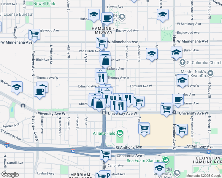 map of restaurants, bars, coffee shops, grocery stores, and more near 556 Snelling Avenue in Saint Paul