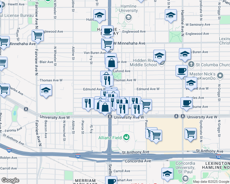 map of restaurants, bars, coffee shops, grocery stores, and more near 556 Snelling Avenue in Saint Paul