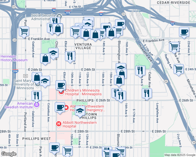 map of restaurants, bars, coffee shops, grocery stores, and more near 2434 13th Avenue South in Minneapolis
