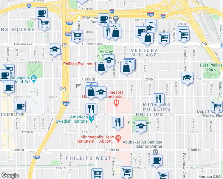 map of restaurants, bars, coffee shops, grocery stores, and more near 2434 Chicago Avenue in Minneapolis