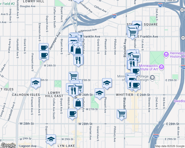 map of restaurants, bars, coffee shops, grocery stores, and more near 2435 Harriet Avenue in Minneapolis