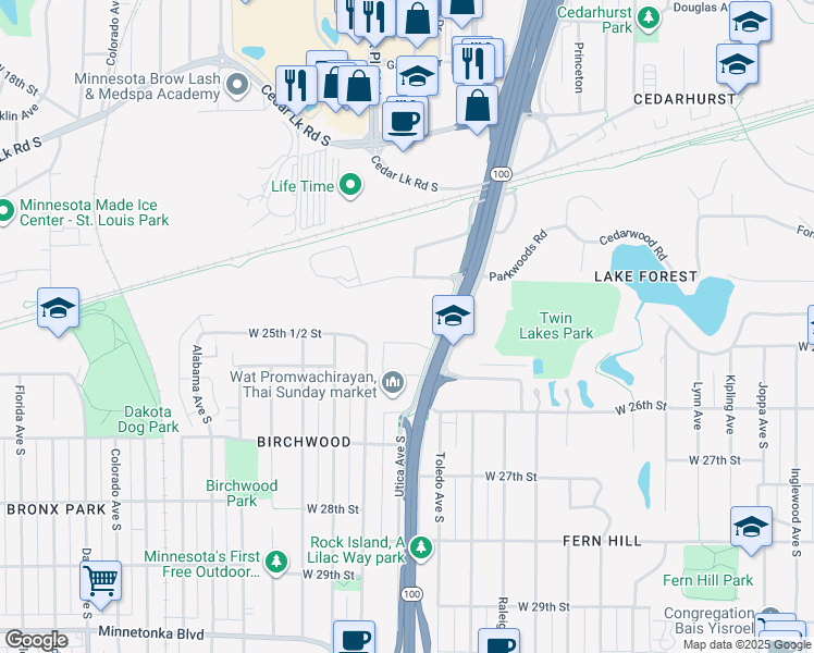 map of restaurants, bars, coffee shops, grocery stores, and more near 2480 Utica Avenue South in St. Louis Park