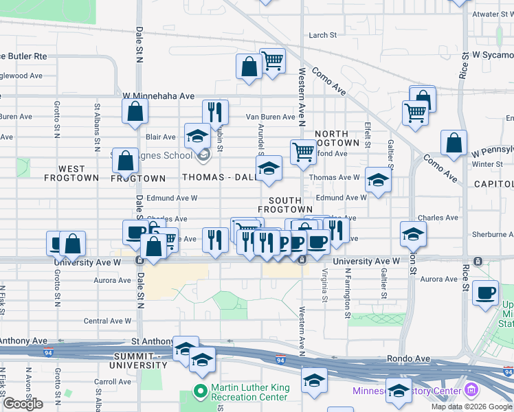 map of restaurants, bars, coffee shops, grocery stores, and more near 554 Arundel Street in Saint Paul