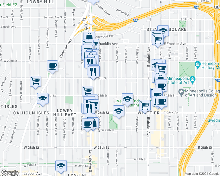 map of restaurants, bars, coffee shops, grocery stores, and more near 2435 Harriet Avenue in Minneapolis