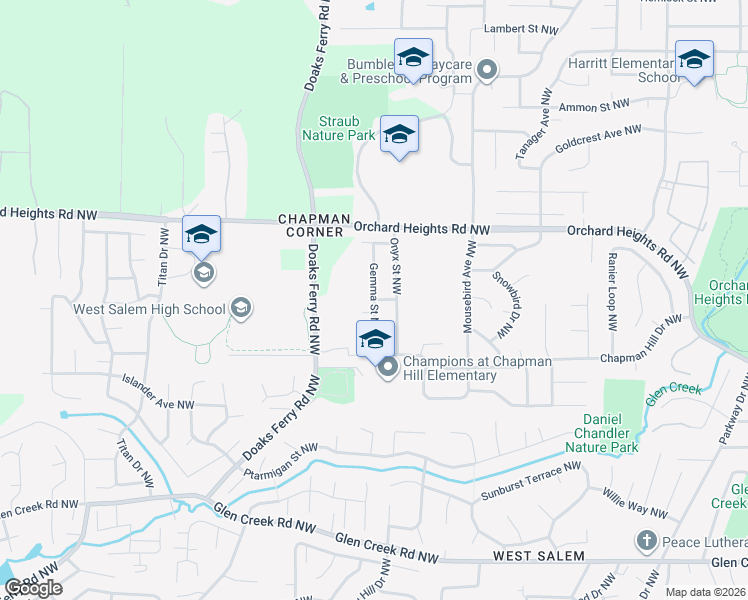 map of restaurants, bars, coffee shops, grocery stores, and more near Gemma Street Northwest in Salem