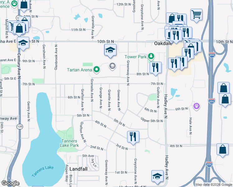 map of restaurants, bars, coffee shops, grocery stores, and more near 660 Greene Avenue North in Oakdale