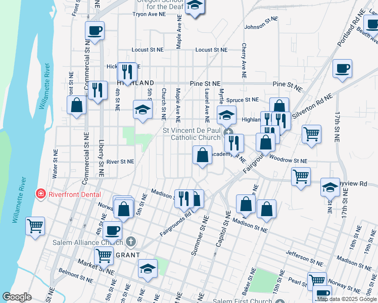 map of restaurants, bars, coffee shops, grocery stores, and more near 2005 Hazel Avenue Northeast in Salem