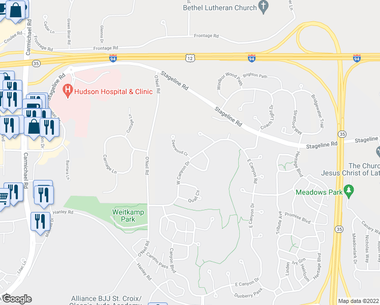map of restaurants, bars, coffee shops, grocery stores, and more near 39 Deerwood Court in Hudson
