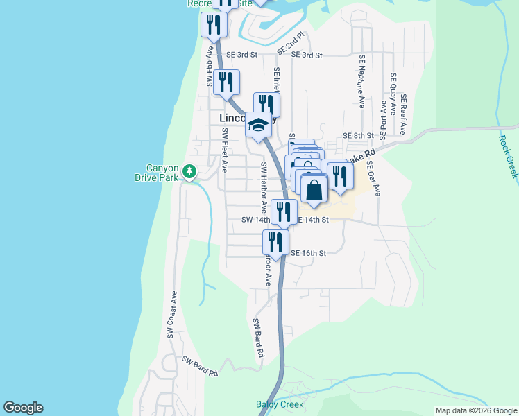 map of restaurants, bars, coffee shops, grocery stores, and more near 1150 Southwest 13th Street in Lincoln City