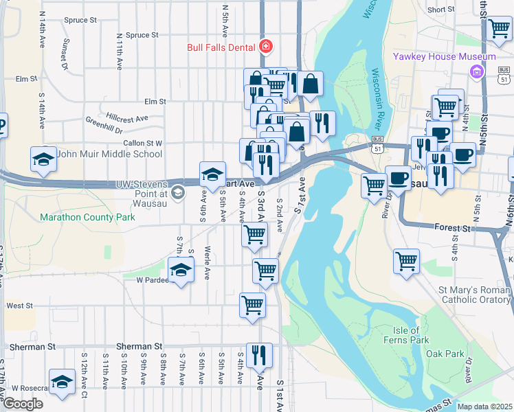 map of restaurants, bars, coffee shops, grocery stores, and more near 524 South 3rd Avenue in Wausau