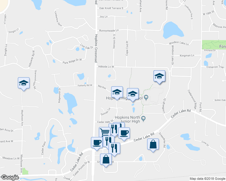 map of restaurants, bars, coffee shops, grocery stores, and more near 11120 Mill Run in Hopkins