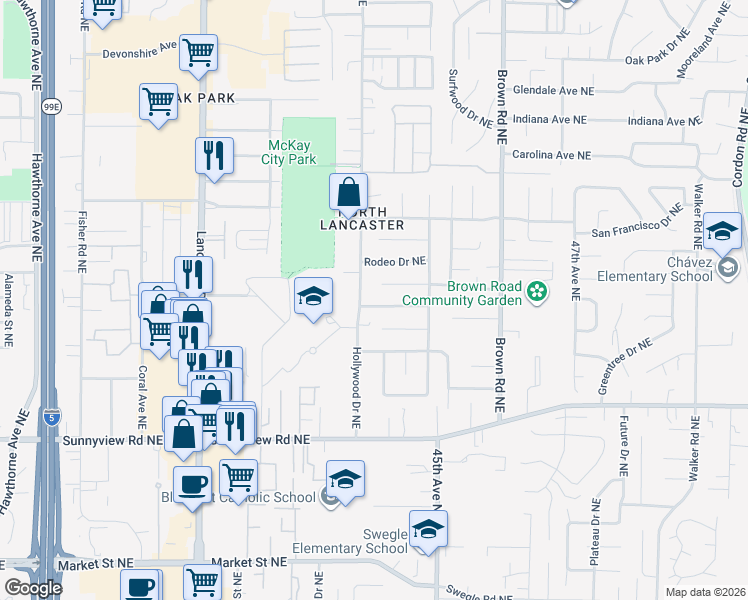 map of restaurants, bars, coffee shops, grocery stores, and more near 4317 Snowberry Street Northeast in Salem
