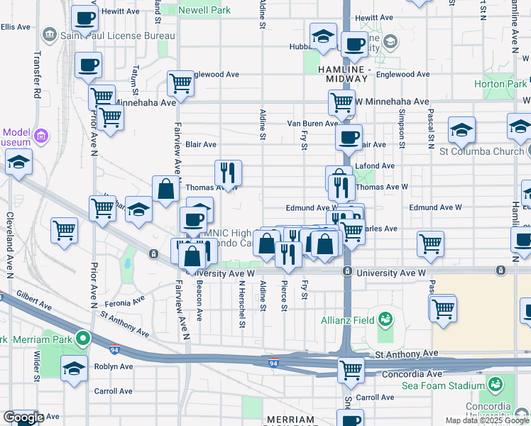 map of restaurants, bars, coffee shops, grocery stores, and more near 1696 Edmund Avenue West in Saint Paul