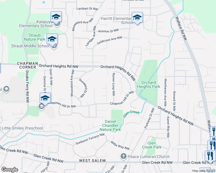 map of restaurants, bars, coffee shops, grocery stores, and more near 1654 Pelican Court Northwest in Salem