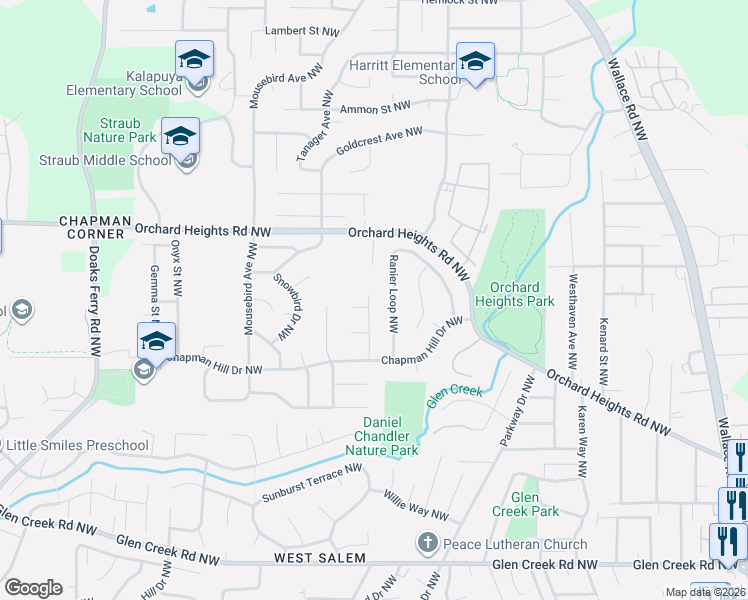 map of restaurants, bars, coffee shops, grocery stores, and more near 1654 Pelican Court Northwest in Salem