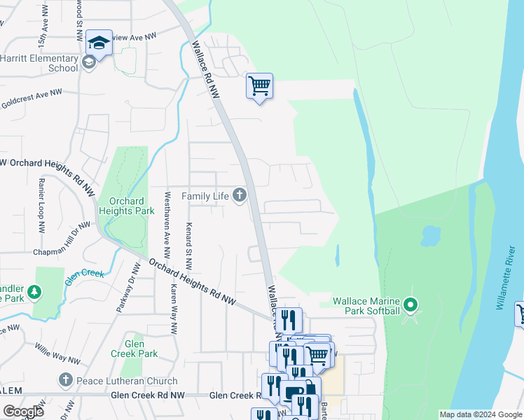 map of restaurants, bars, coffee shops, grocery stores, and more near 1675 Wallace Road Northwest in Salem