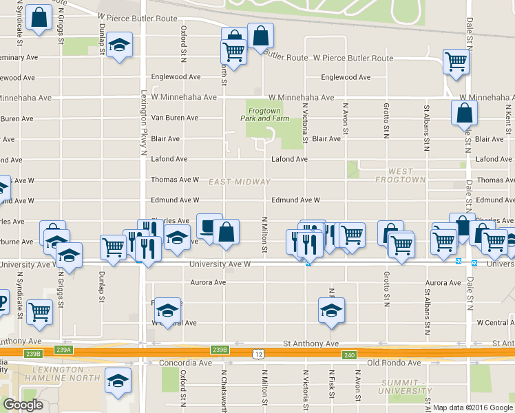 map of restaurants, bars, coffee shops, grocery stores, and more near 928 Edmund Avenue West in Saint Paul