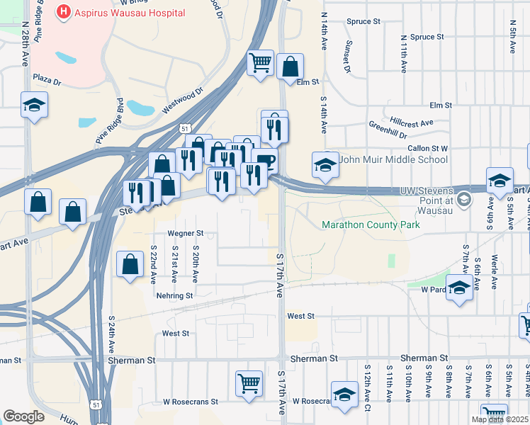 map of restaurants, bars, coffee shops, grocery stores, and more near 1711 Stewart Avenue in Wausau