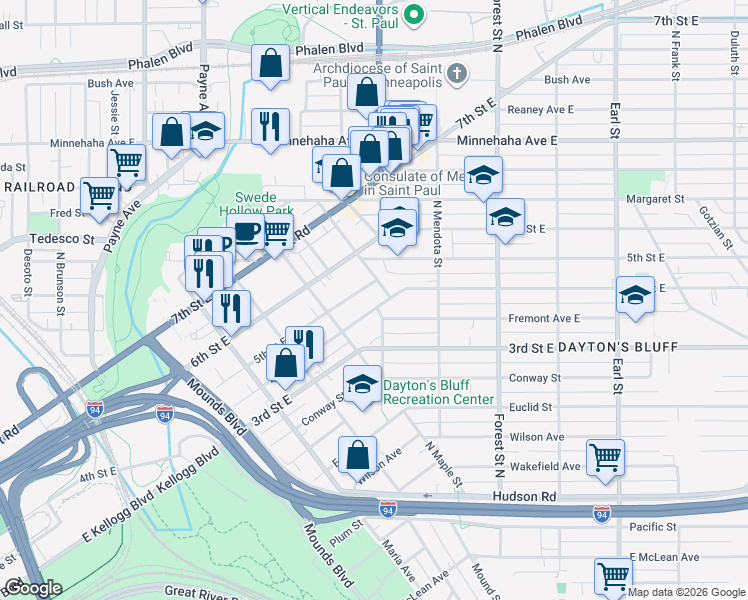 map of restaurants, bars, coffee shops, grocery stores, and more near 806 4th Street East in Saint Paul