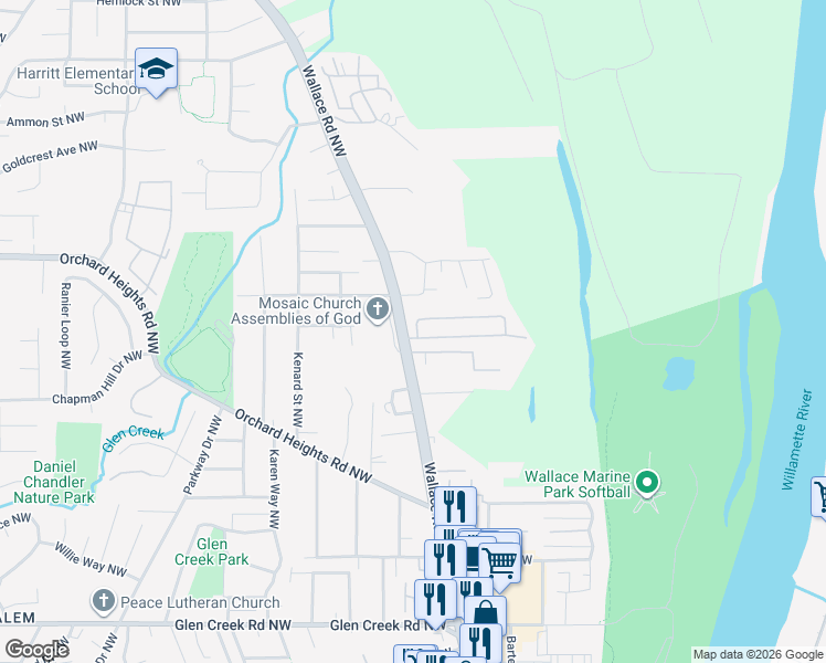 map of restaurants, bars, coffee shops, grocery stores, and more near 1665 Wallace Road Northwest in Salem