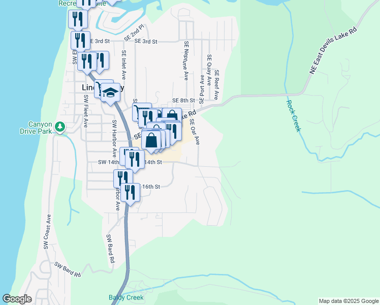 map of restaurants, bars, coffee shops, grocery stores, and more near 1219 Southeast Oar Avenue in Lincoln City