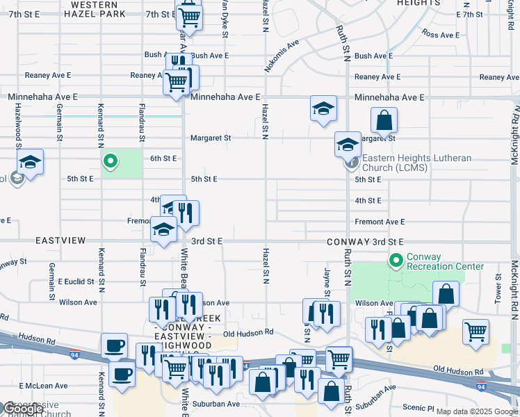 map of restaurants, bars, coffee shops, grocery stores, and more near 545 North Hazel Street in Saint Paul