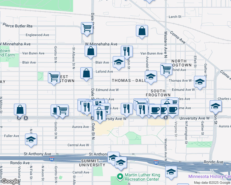 map of restaurants, bars, coffee shops, grocery stores, and more near 547 Charles Avenue in Saint Paul