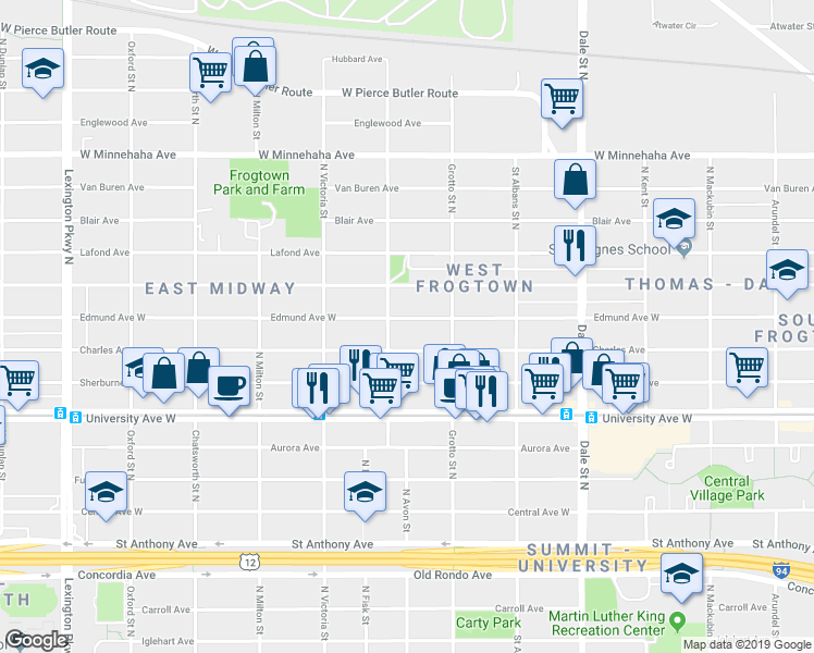 map of restaurants, bars, coffee shops, grocery stores, and more near 799 North Avon Street in Saint Paul