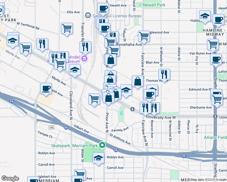 map of restaurants, bars, coffee shops, grocery stores, and more near 1953 University Avenue West in Saint Paul