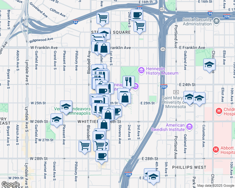 map of restaurants, bars, coffee shops, grocery stores, and more near 2435 1st Avenue South in Minneapolis