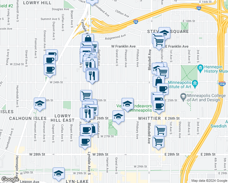 map of restaurants, bars, coffee shops, grocery stores, and more near 2435 Harriet Avenue in Minneapolis