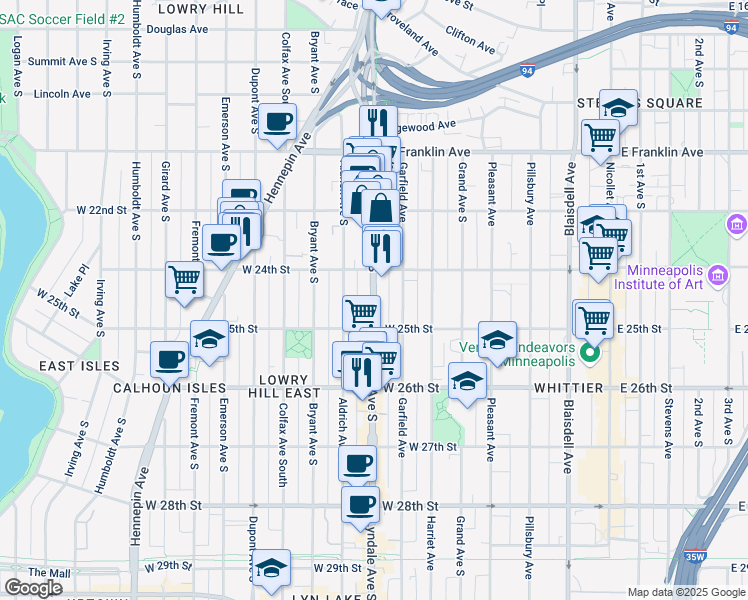 map of restaurants, bars, coffee shops, grocery stores, and more near 2437 Lyndale Avenue South in Minneapolis