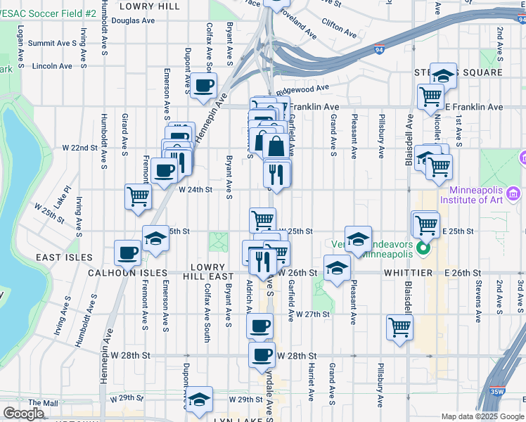 map of restaurants, bars, coffee shops, grocery stores, and more near 2437 Lyndale Avenue South in Minneapolis