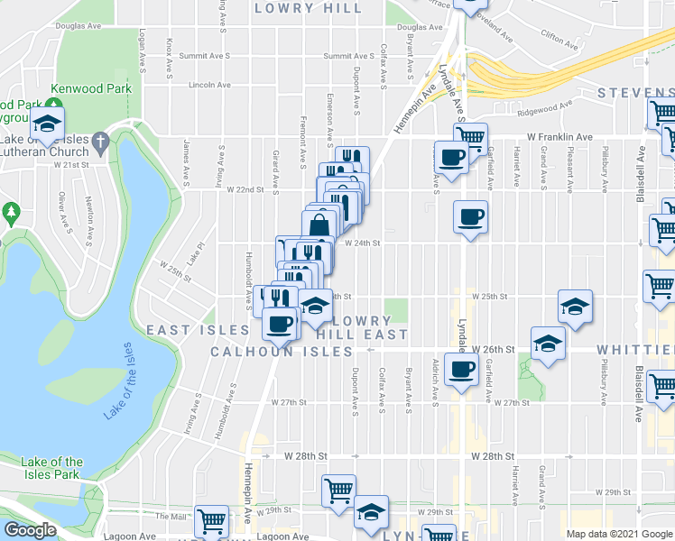 map of restaurants, bars, coffee shops, grocery stores, and more near 2429 Emerson Avenue South in Minneapolis