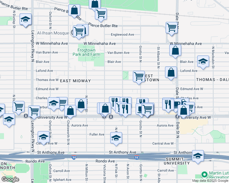 map of restaurants, bars, coffee shops, grocery stores, and more near 826 Edmund Avenue West in Saint Paul