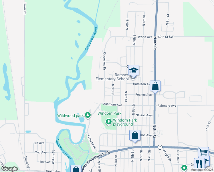 map of restaurants, bars, coffee shops, grocery stores, and more near 1208 Ridgeview Drive in Montevideo