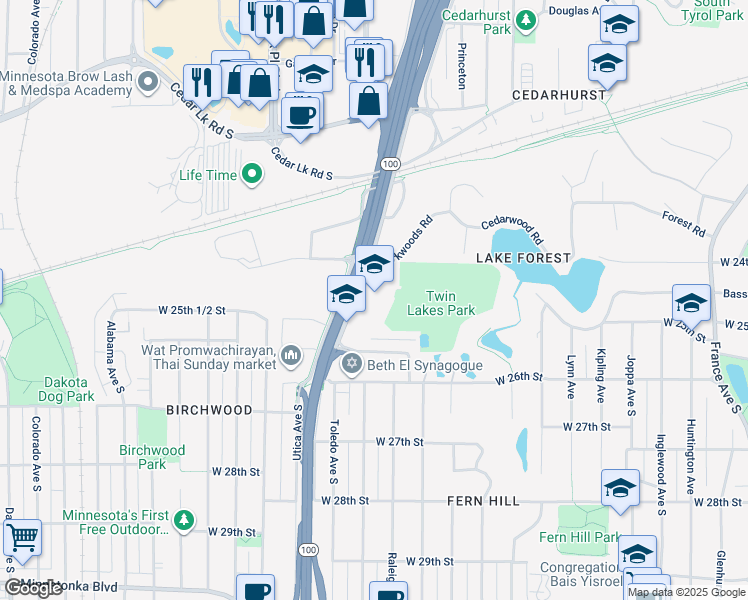 map of restaurants, bars, coffee shops, grocery stores, and more near 2501 Minnesota 100 in St. Louis Park