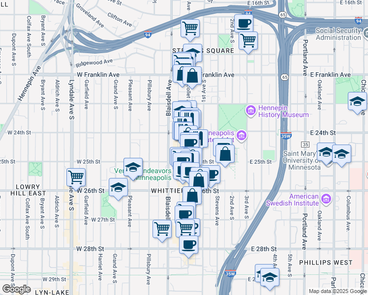 map of restaurants, bars, coffee shops, grocery stores, and more near 2424 Nicollet Avenue in Minneapolis