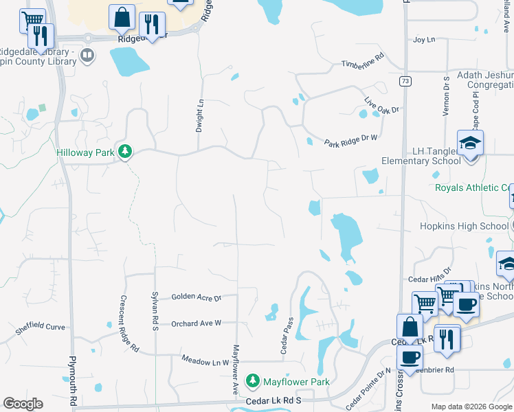 map of restaurants, bars, coffee shops, grocery stores, and more near 2404 Sherwood Hills Road in Hopkins