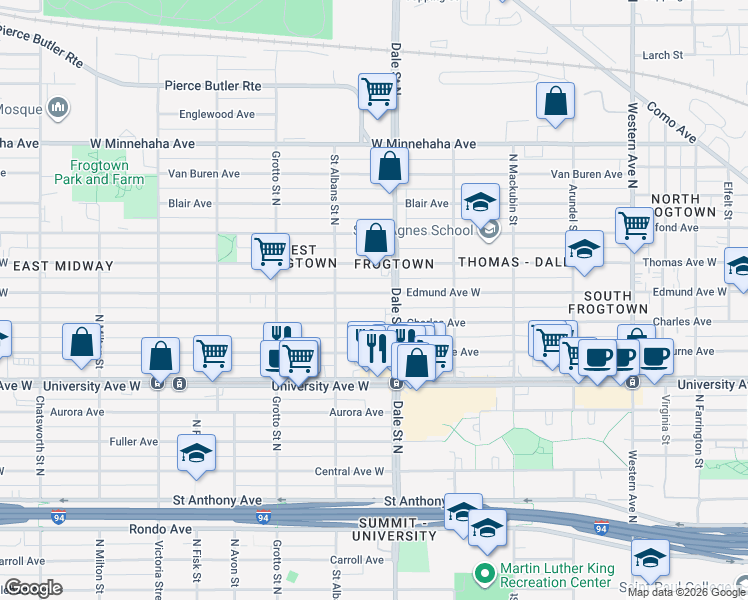map of restaurants, bars, coffee shops, grocery stores, and more near 646 Edmund Avenue West in Saint Paul